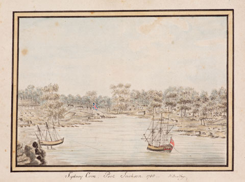 Colour drawing showing two sailing ships in a harbour, with numerous gum trees and the British flag visible on the shore.