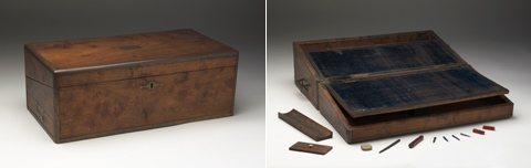 Two images of Colonel Light's writing box. The image on the left shows the closed wooden writing box. The image on the right shows the box with the lid open and writing implements arranged in front.
