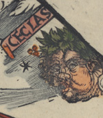 Detail image of human head blowing air from his mouth from a map titled ' Typus orbis descriptione Ptolemaei'
