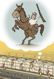 Cartoon of a chicken in a battery-cage dreaming of being Ned Kelly.