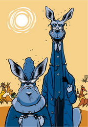 Cartoon of two elderly kangaroos at a party not enjoying themselves.