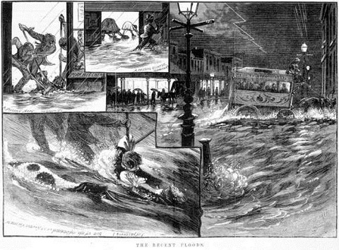 Compile of black and white sketches above printed text 'THE RECENT FLOODS'. The sketch bottom left shows a man clinging to a post in floodwater with a black and white dog in the water beside him. The top left sketch shows three figures mopping up water at a shop doorway. In a smaller inset at the centre top, two people inside a building lean down to mop up water while a person holding an umbrella walks along a flooded street outside. The main image, at the right, shows a horse and coach negotiating a flooded street. 