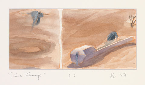 A colour painting of a grey bird in flight, then drinking from a water trough. 'Time Change, p.1, db '07' is written underneath the painting.