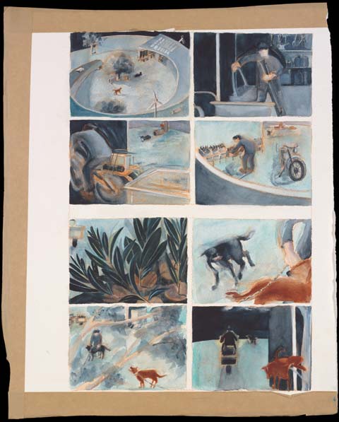 A painting, divided into eight panels, depicting the exterior of a house, the interior of a work shed, seedlings and a farmer working with a dog and a motorbike.
