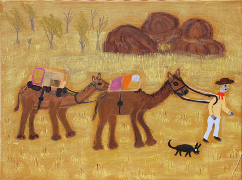 Image of an acrylic painting on canvas showing a person leading two camels, against a predominantely yellow background, with trees and large rocks in the background. A small animal runs alongside the person.