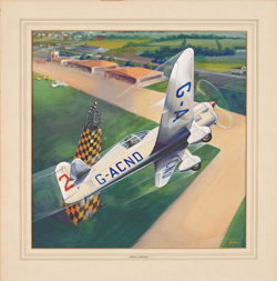 A painting showing a monoplane in flight above an airfield. The plane, registered 'GA-CND' is rounding a marker.