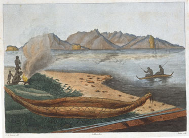 A large Tasmanian canoe seen on the eastern shore of Schouten Island, colour engraving by Charles-Alexandre Lesueur, artist on the Baudin Expedition (1800–1804).