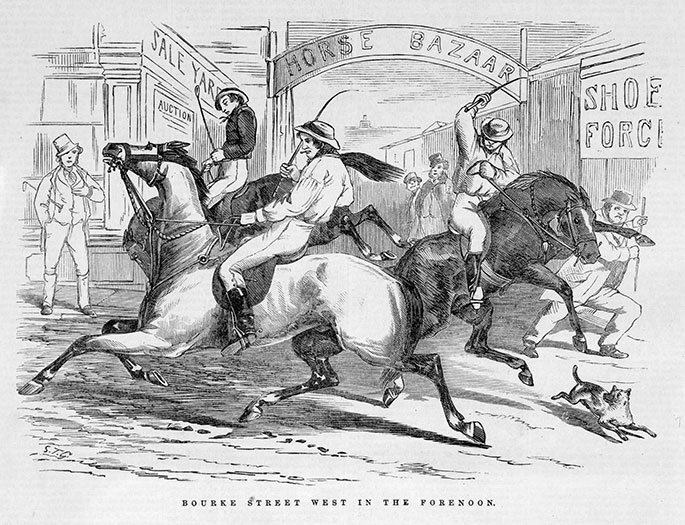 Engraving outside the horse bazaar in Bourke Street