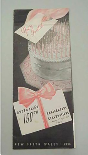 Black, white and pink leaflet printed for Australia's sesquicentenary issued by Australia's 150th Anniversary Celebrations Council. Noble Numismatics Collection, National Museum of Australia.
