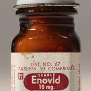 A bottle of the The contraceptive pill, released in America as Enovid.