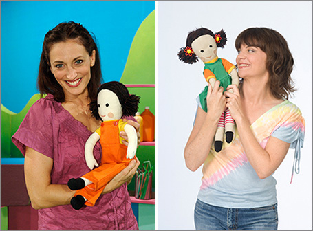 Three separate images. Left to right: Georgie Parker with Jemima and Sofya Gollan with Jemima.