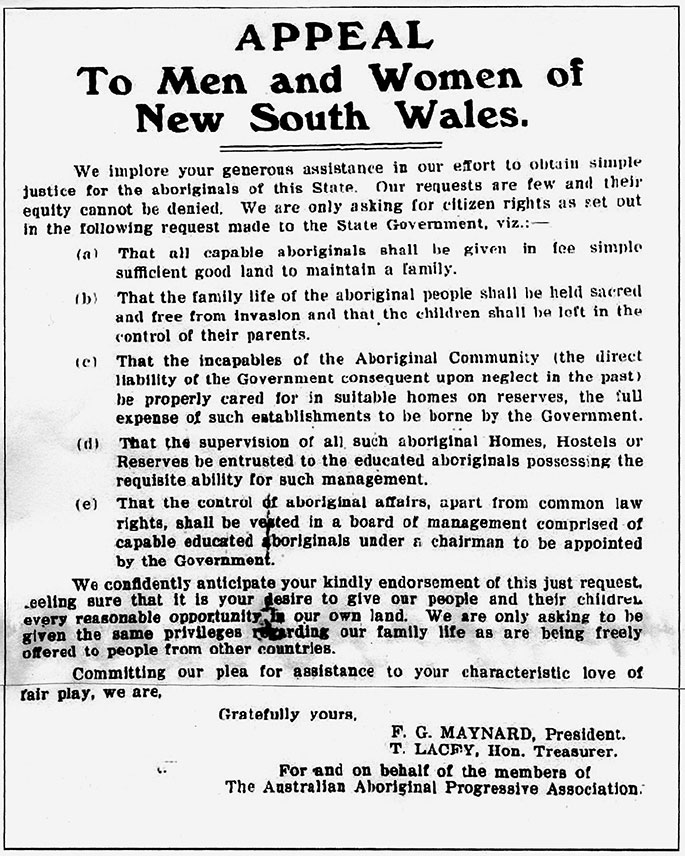Reproduction of the AAPA’s manifesto entitled ‘Appeal to the men and women of New South Wales.
