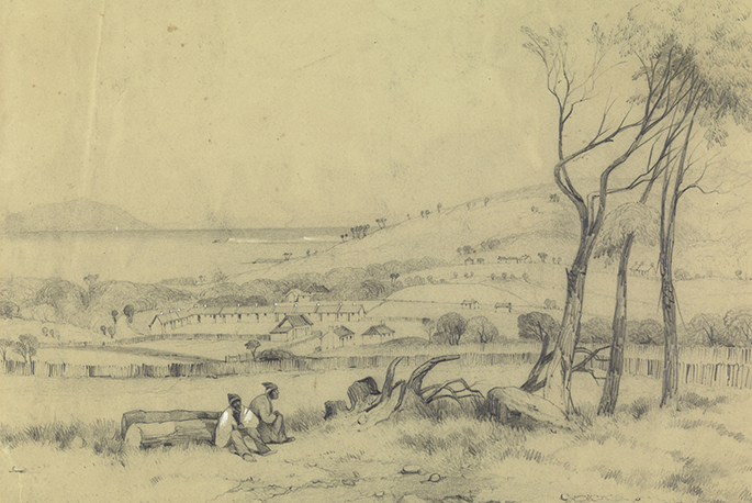 watercolour showing two Aboriginal people sitting in a clearing with a small settlement in the background and the sea beyond.