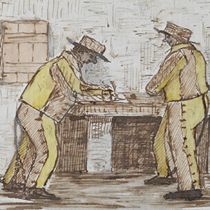 two men in yellow outfits stand writing at a table immediately outside a cottage
