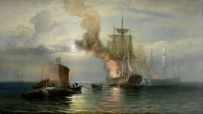 Oil painting showing four whaling ships with fire and smoke emerging from their bows, where the blubber is being boiled. In the foreground, three boats are coming alongside a dead whale. A man is standing on top of the whale.