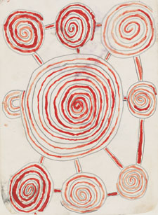 A 1971 pencil and watercolour untitled work by an unknown Pintupi artist, showing a central circular image surrounded by and joined to smaller circles.