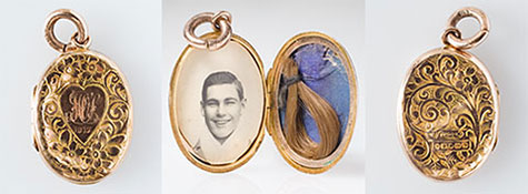 Three images of the mourning locket. The centre image is of the open locket revealing a photo of Les Darcy (on left) and a lock of his hair on a blue background (on right). The other two images are of the front (inscribed with WOS, 1917) and back of the locket, which both feature an intricate floral design.