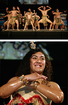 Image at top: Group shot of dancers on stage in traditional dress. Image at bottom: Female dancer in traditional dress.