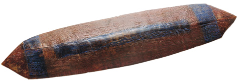 Roughly rectangular-shaped wooden shield with pointed ends. Blue bands are visible at either end and along the centre.