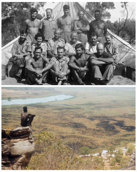 (top): Members of the American–Australian Scientific Expedition to Arnhem Land, Groote Eylandt, 1948. (bottom): Man sitting on the end of a rock looking over a view of Alligator River, 1948.