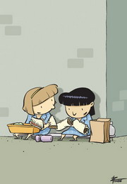 A cartoon of two girls sharing their sandwiches in the school playground.