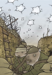 Cartoon of two wombats in the trenches on the battlefield.