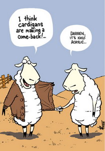 Cartoon of a confidently cardigan wearing sheep being told by another sheep that his cardigan is 100% acrylic.