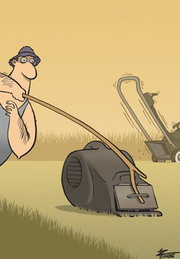 Cartoon of a man using a long stick to tentatively open the catcher of a lawn-mower.