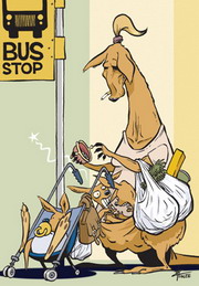 Cartoon of a mother kangaroo battling with the shopping, three joeys and organising change for the bus.