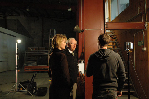 Director, Michael Honey, and curator Kirsten Wehner, talk through the creative approach to the shoot with Hermann Wehner. Photo: Georgia Miles.