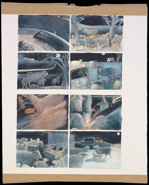 A painting, divided into eight panels, showing an aerial view of a house roof, sheep in a paddock and a trailer dropping grain for sheep.