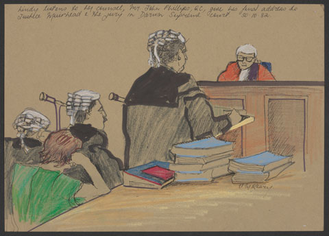Courtroom scene showing a woman in a short-sleeved green top seated a table facing a judge. The woman rests her right elbow on the table and her head on her hand. Three people wearing wigs and dark legal robes stand in front of the woman, facing the judge. One stands addressing the judge, who is seen sitting at the bench wearing a wig and red robes.