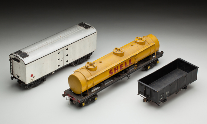 (l-r) New South Wales Railways ‘MRC’ refrigerator van, petrol tank wagon and ‘K’ open wagon, made from cast metals by Frederick Steward and associates