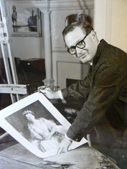 Black and white image of a man holding a copy of a portrait of Queen Elizabeth.