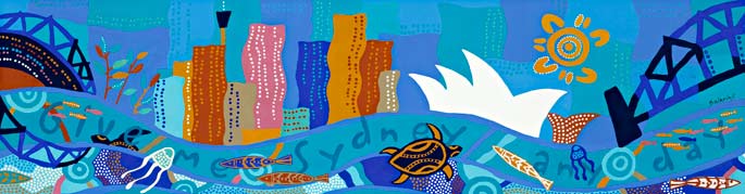 A gouache painting on paper set in a frame. The design features a white graphic silhouette of the Sydney Opera House, and the Sydney Harbour bridge on the far right. The background has a cityscape in brown, yellow ochre, pink, green and blue. There is a wavy band of blue across the lower edge with text 'give me Sydney any day'.