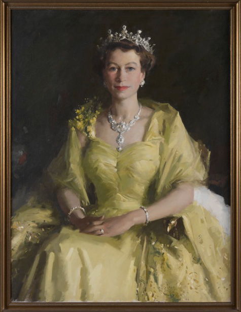 Detail of portait of Queen Elizabeth II wearing a pale yellow dress and tiara.