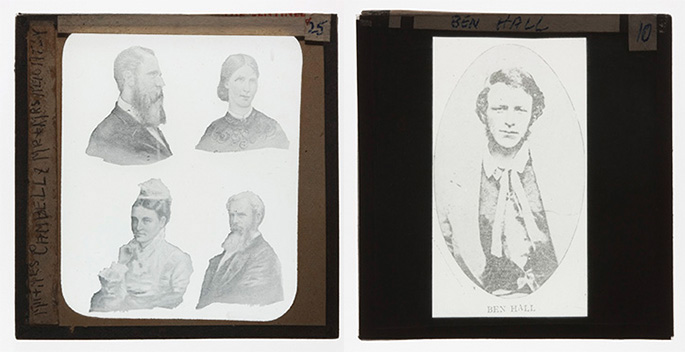 Two lantern slides. The one on the left has portrait sketches of two men and two women. The slide on the left is a photo of Ben Hall.