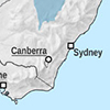 A detail of a map of Australia showing Canberra and Sydney.