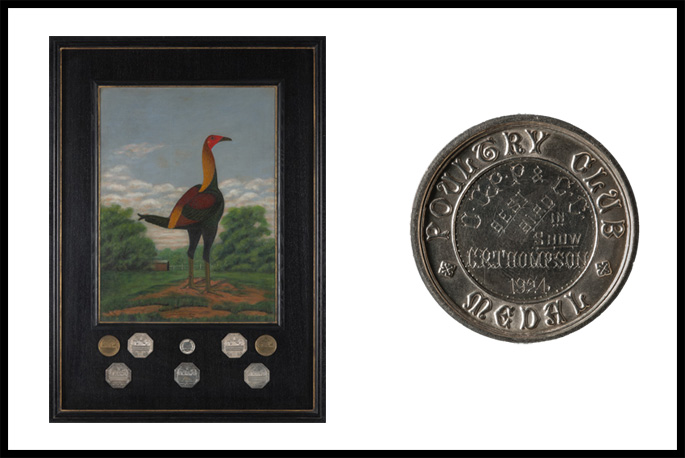 A compilation of two images - a portrait of a bird and a silver medal dated 1924.