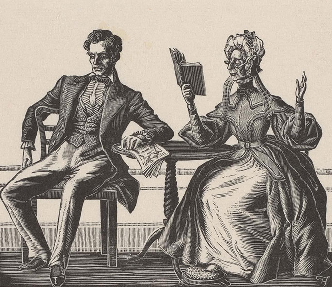 Engraving of Victorian era scene in which an older woman sits at a table reading a book to a younger man