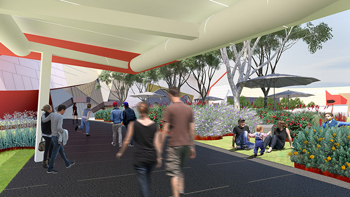 An image of people on a landscaped entry to the National Museum of Australia.