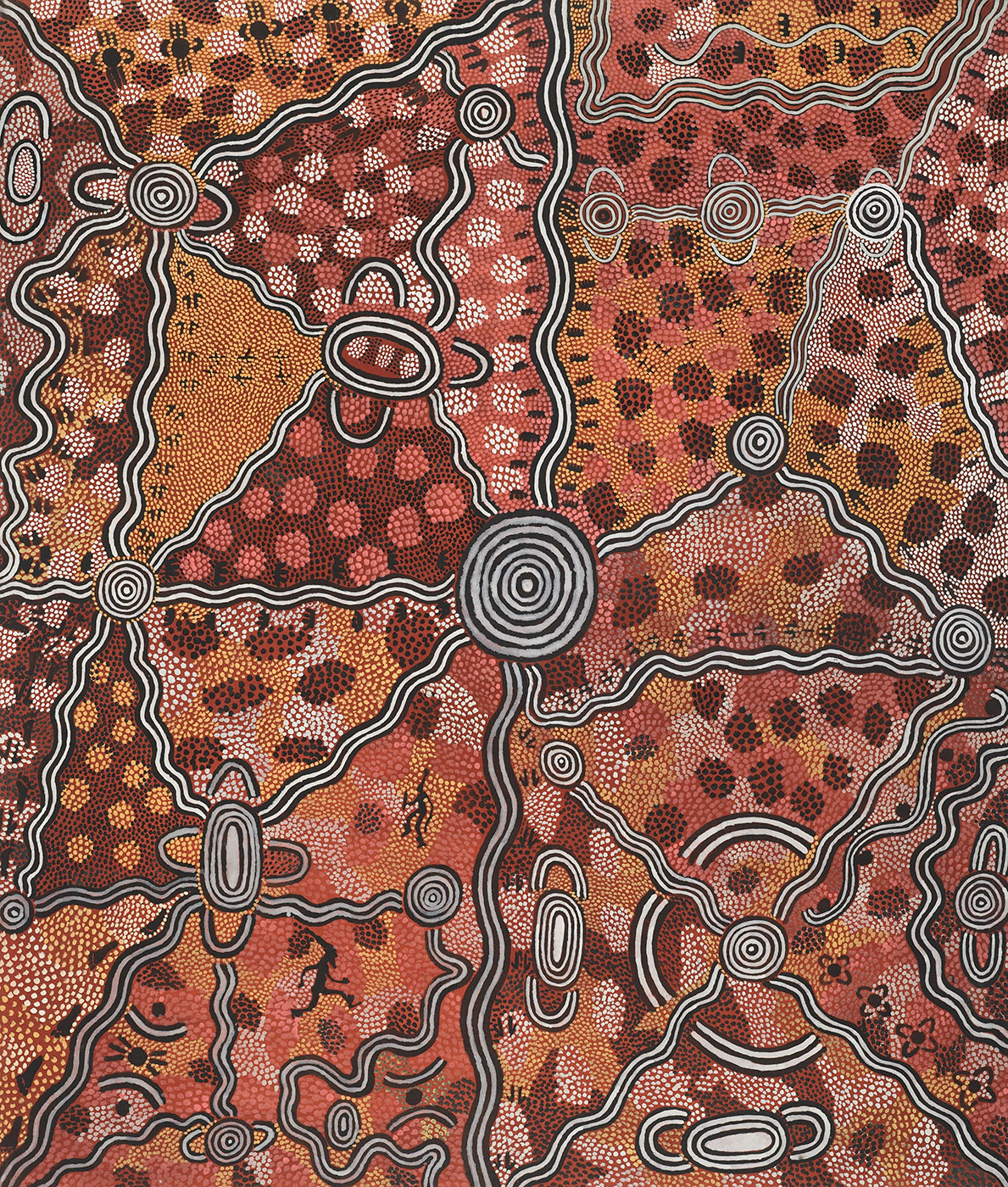 Life at Yuwa Dreaming 1974 by Billy Stockman Tjapaltjarri and Tim Leura Tjapaltjarri. - click to view larger image