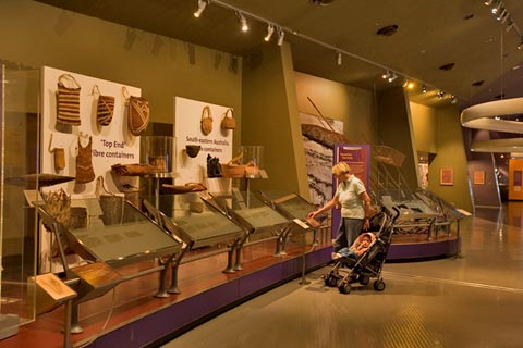 First Australians display featuring a variety of fibre containers.
