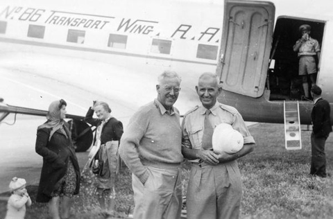 Frank M Setzler and Charles P Mountford upon arrival at Adelaide, November 1948.