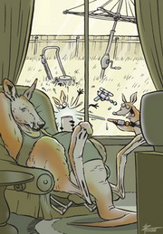 Cartoon of a kangaroo sitting on the couch whilst a joey plays in the backyard.