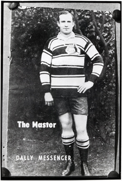 Black and white portrait of Dally Messenger in 1908 wearing the Australian rugby league uniform.