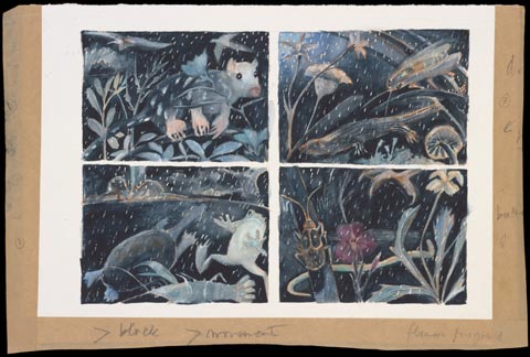 A painting, divided into four panels, depicting animals and insects in their native habitats during rain.
