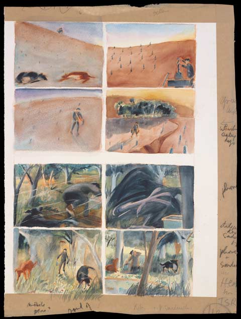 A painting, divided into eight panels, showing tree planting on a hill and the activities of two working dogs in a paddock and in the bush, with a human form.