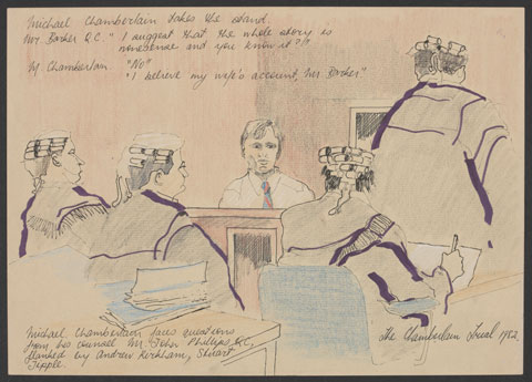 Pencil and coloured ink sketch showing a man seated in a courtroom. He wears a white shirt and blue and red tie and faces four men figures dressed in legal robes and wigs. Handwritten text is visible at the top and bottom of the sketch.