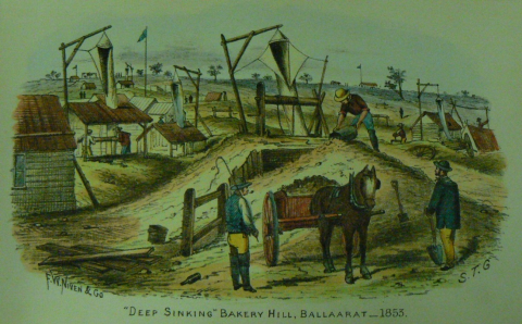 Colour artwork of gold diggings with two men and a horse and cart in the foreground.